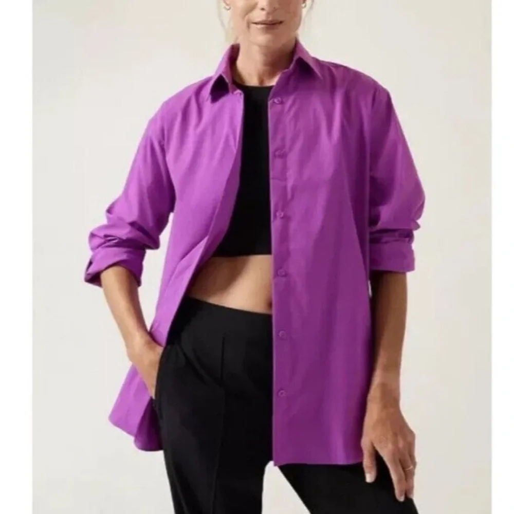 Athleta • Purple Oversized Poplin Button Up Shirt Sz 2X Jazzy Purple Casual Fall - Picture 2 of 14
